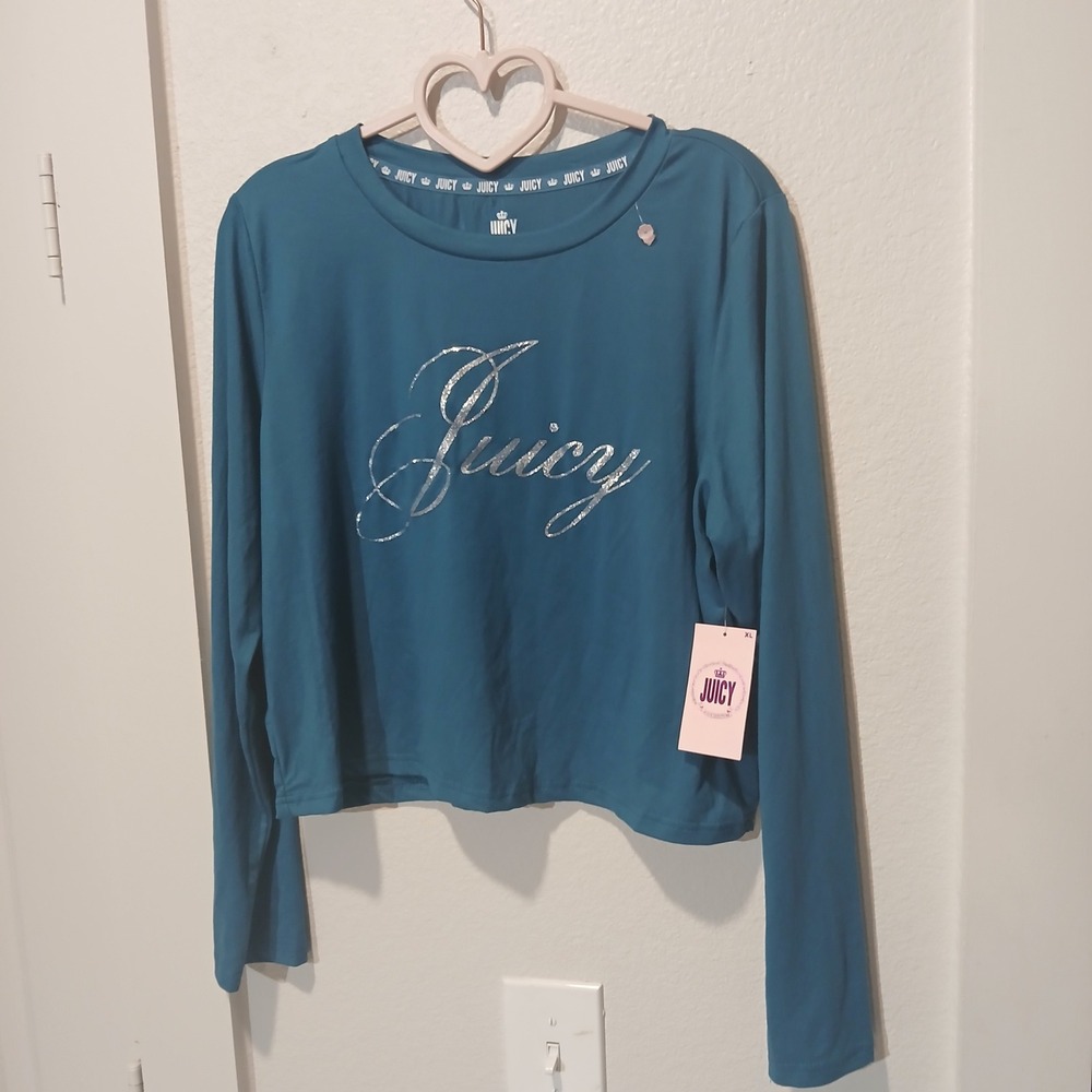 Juicy Couture Womens Teal Blue Glitter Logo Long Sleeve Crop Top XL NWT